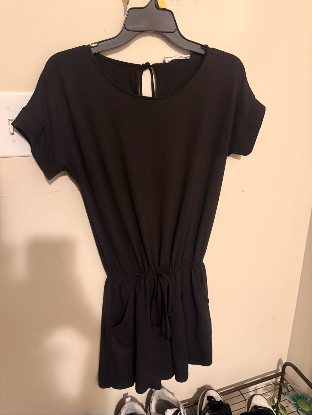 Black Drawstring Waist Short Sleeve Romper